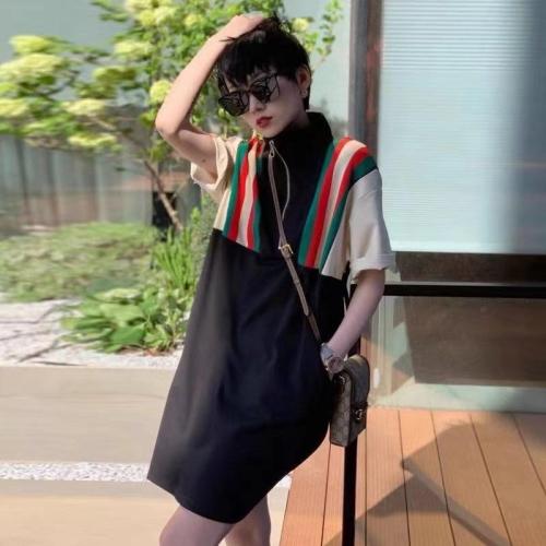 DG885欧洲站夏装女2021新款欧货潮牌宽松撞色休闲T恤裙,女装T恤,L·H·X