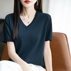 短袖t恤女冰爽棉纯色上衣T恤2025夏季新款V领宽松体恤女，女装T恤，羊秋羊绒