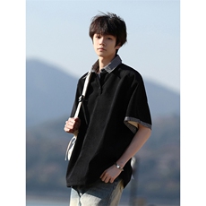 松弛日系文艺假两件格纹领T恤宽松氛围感时尚上衣HY732P45控68，男装T恤，电商A102B