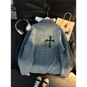 图美式复古做旧水洗夹克十字架烫钻提花牛仔外套 GY68647-P72，男装工装外套，电商A025