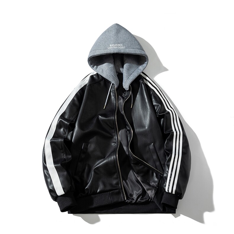 现货 三条杠袖子PU皮棒球服外套秋冬棉服图片