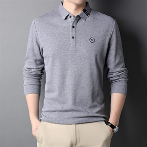 秋季翻领纯色上衣男2023年新款长袖t恤秋装中年潮流男装POLO衫图片