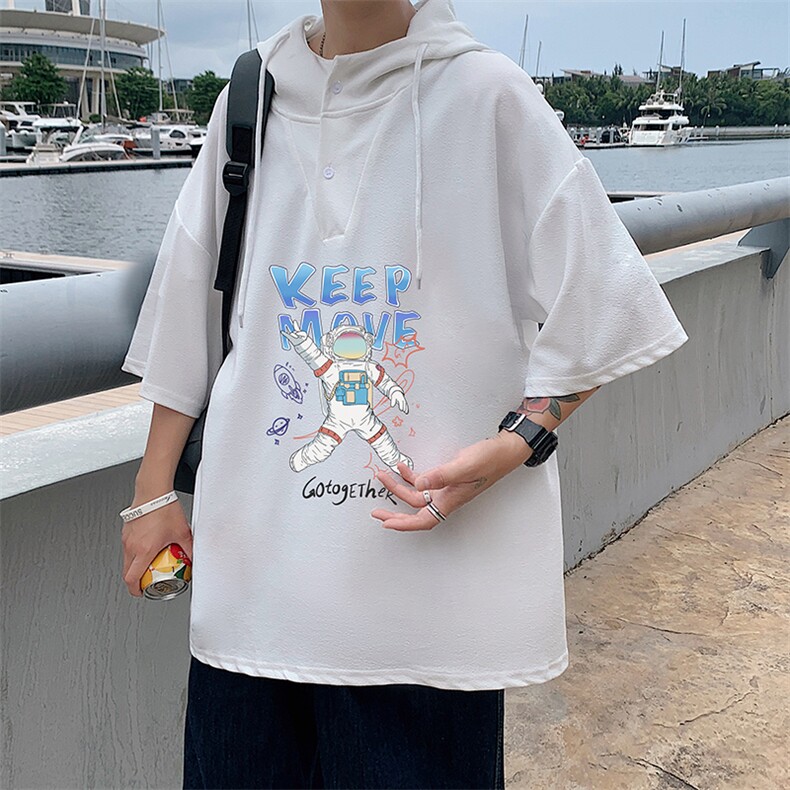 LD54175-P45连帽短袖t恤男大码胖子带帽五分袖中袖,男装T恤,电商A040