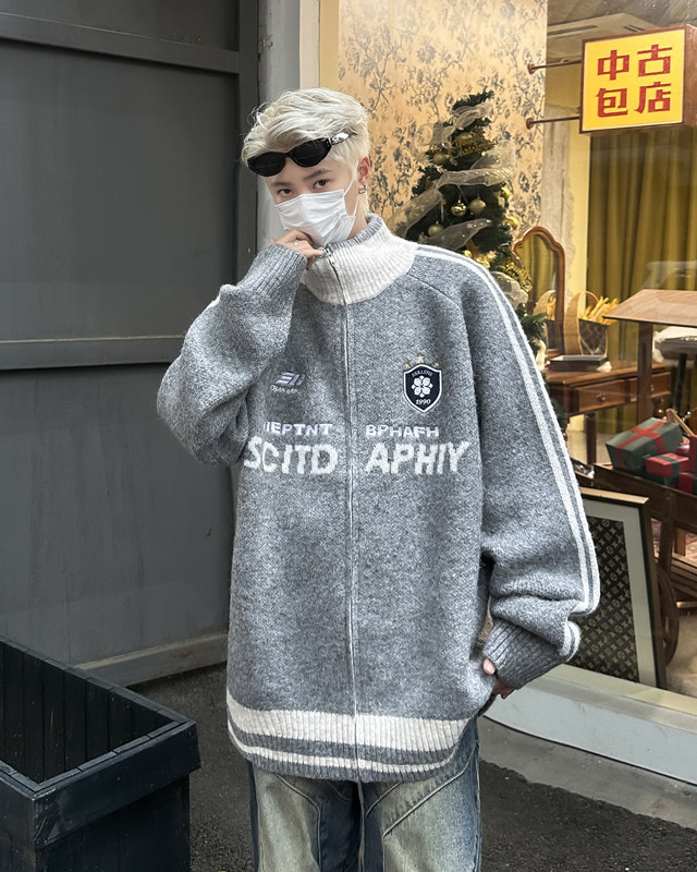 美式插肩立领毛衣外套男女秋季宽松羊毛针织衫拉链开衫,男装针织衫/毛衣,星座410-6（原星座1304-1）