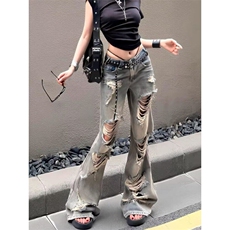 美式复古破洞牛仔裤女夏季新款街头辣妹穿搭阔腿长裤LA2044-P45，男装牛仔裤，星座1008