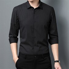 春秋季无痕长袖衬衫男士高端条纹中年衬衣休闲爸爸寸衫薄款，男装卫衣，电商B212（原钱塘6029）