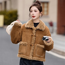 【大货已出】皮毛一体外套女短款冬季小个子羊羔毛仿鹿皮绒加厚，女装羊羔毛/颗粒绒，韩蔻秀