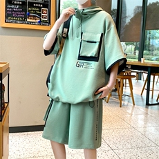 美式工装休闲运动套装夏季痞帅一套短袖短裤两件套A436-T01-P65，男装休闲套装，电商A436