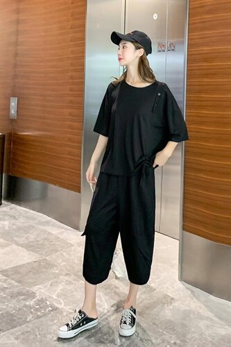 妙形M女装休闲宽松两件套2024年夏季T恤配休闲拼接裤子显瘦,女装套装/套裙,天丽