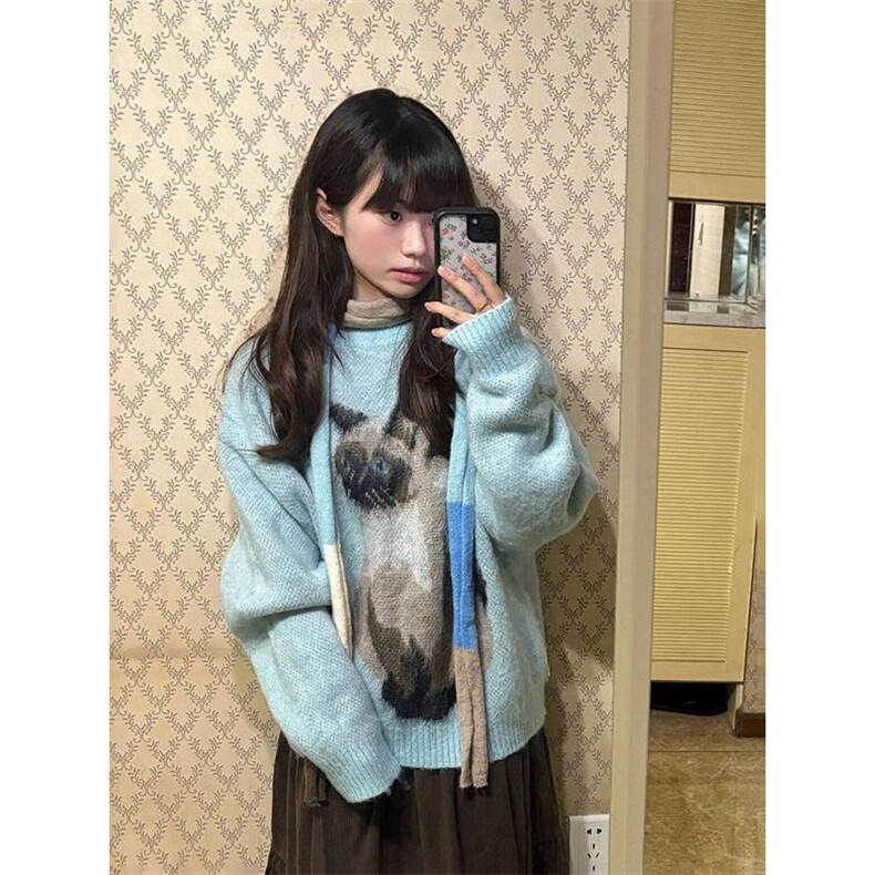韩系甜美风可爱猫咪提花圆领套头毛衣冬季宽松显瘦针织衫,男装针织衫/毛衣,星座506A