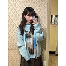 韩系甜美风可爱猫咪提花圆领套头毛衣冬季宽松显瘦针织衫，男装针织衫/毛衣，星座506A