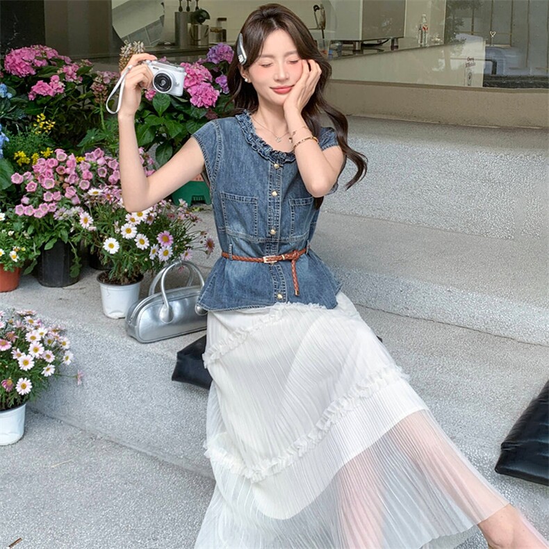 2026年夏季新款时尚潮流牛仔上衣配飘逸纱裙两件套裙,女装套装/套裙,超帛