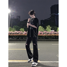 B221美式ins高街简约小众设计毛边破洞牛仔裤LK23067-P60控78，男装牛仔裤，电商B221