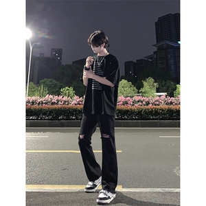 B221 美式ins高街简约小众设计毛边破洞牛仔裤 LK23067-P60 控78图片