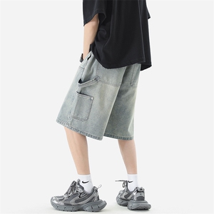 美式高街牛仔短裤男水洗设计感工装潮牌宽松XZ225-3-DK08-P40控58图片