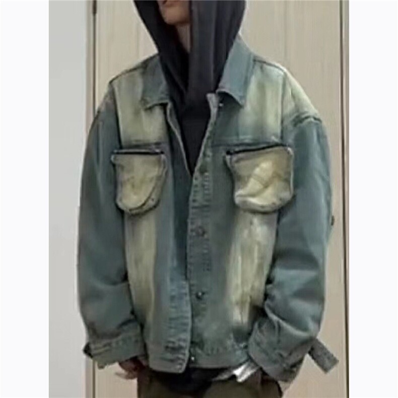 港风复古工装立体做旧渐变夹克上衣女秋季男女同款宽松牛仔外套潮,男装夹克,星座506A