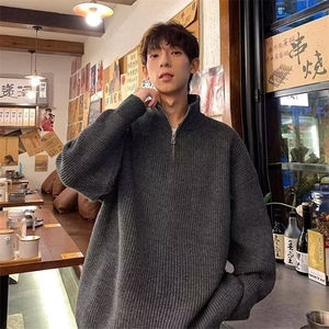 抖音得物 保暖立领拉链针织外套秋冬宽松慵懒风纯色毛衣上衣AM01图片