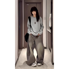 抖音得物品质美式高街重磅曼巴棉结构硬阔boxy版潮牌卫衣长袖T恤，男装T恤，电商A486-1