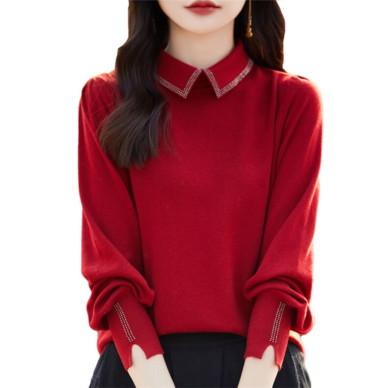 精仿羊毛Polo领针织衫女长袖t恤春装新款翻领中年妈妈打底衫上衣,女装羊毛衫,朝贺羊绒