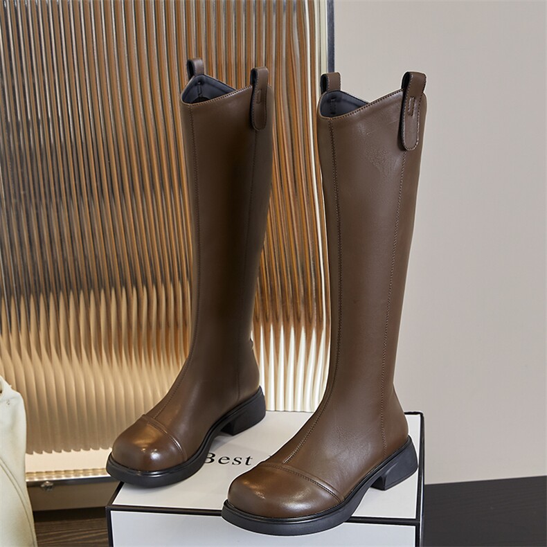 真皮长筒靴女2024秋冬新款V口不过膝骑士靴女休闲瘦瘦靴复古女靴，女鞋长靴，电商A223