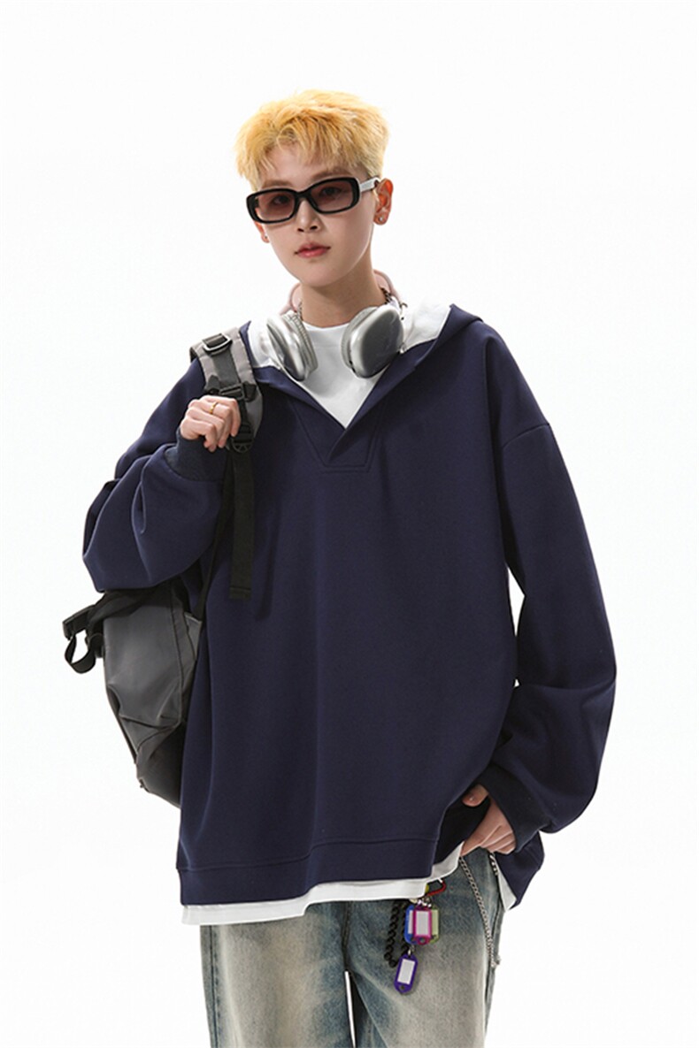 8XL-M叠穿假两件卫衣重磅连帽V领拼接套头衫宽松大码外套WY006P65,男装卫衣,电商B312