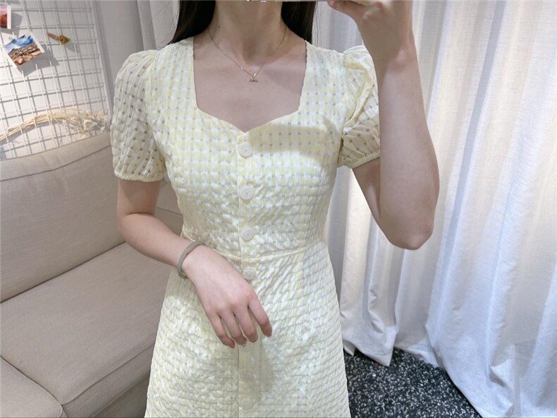 DINOBIENS【现货】夏季新款韩系方领格子连衣裙，女装连衣裙，迪诺比亚