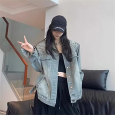 现货高街辣妹美式复古重工铆钉牛仔外套女春秋季宽松bf慵懒风夹克，男装工装外套，星座302B-2