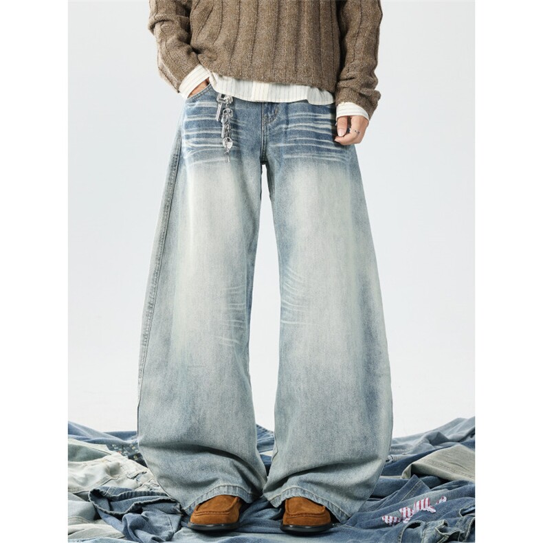 美式水洗立体猫须低腰阔腿牛仔裤女显瘦百搭拖地弯刀裤N7940-P55，男装牛仔裤，星座308B-2