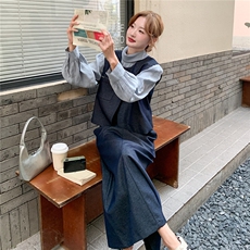 深蓝色马甲套装裙女2025秋季新款显瘦轻熟风长袖衬衫半身裙三件套，女装套装/套裙，2D035
