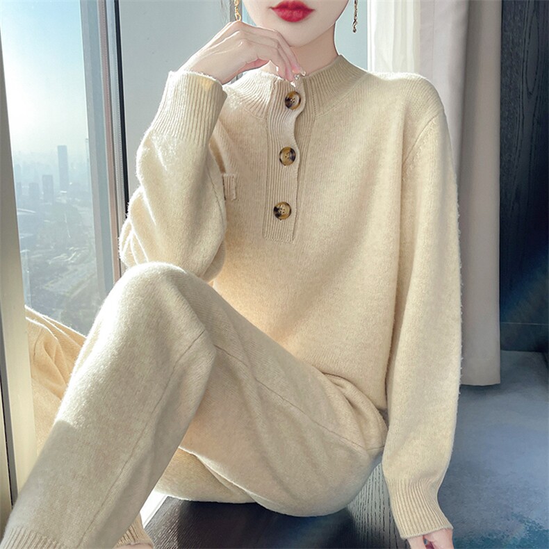 100%纯羊毛针织套装女半高领软糯纽扣毛衣松紧腰直筒休闲裤两件套，女装套装/套裙，邦太羊绒