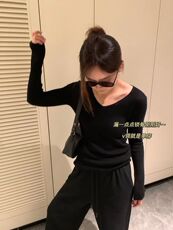 纯色V领长袖羊毛针织衫女韩版显瘦时尚百搭上衣，女装羊毛衫，恩泰羊绒