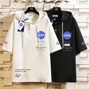 LD54243-P45 NASA连帽短袖t恤男大码胖子带帽五分袖中袖 砖墙图片
