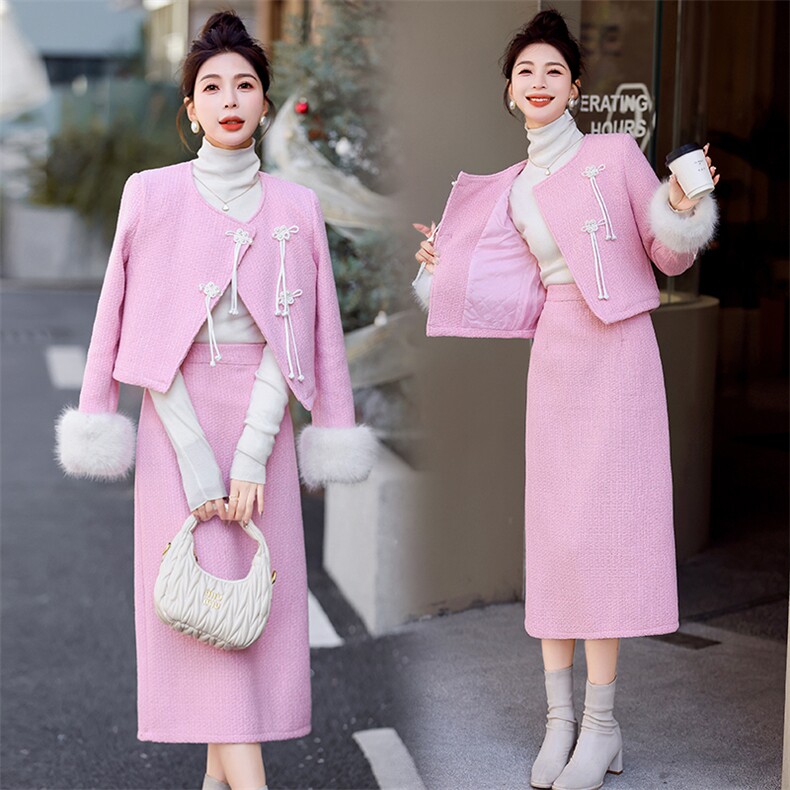 【现货】2024新款冬小香气质时尚保暖加棉套装袖毛可脱卸，女装套装/套裙，丽美静依