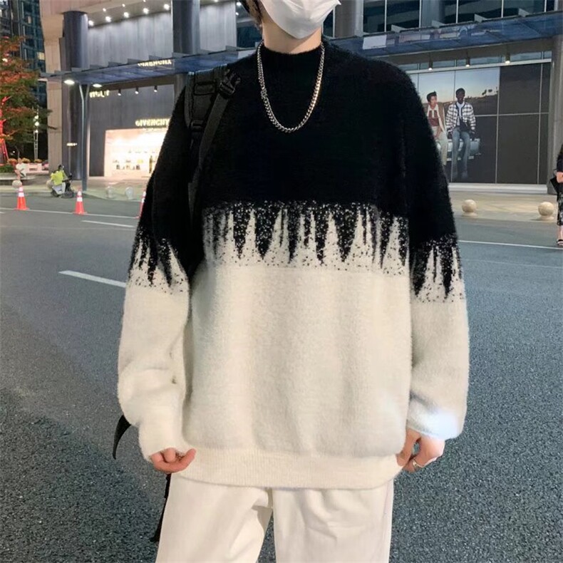 秋冬季日系圆领毛衣男ins宽松个性学生拼色针织衫上衣 M306-P36图片