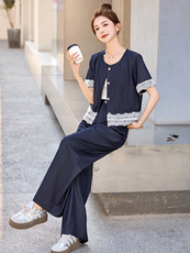 今年流行蕾丝拼接套装女2025春夏新款气质小香风上衣阔腿裤两件套，女装套装/套裙，众宇琦