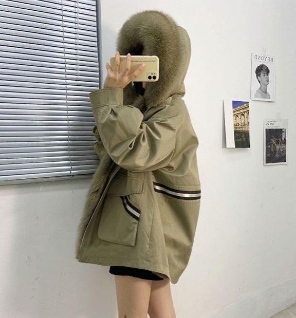 2021冬季新款可拆卸真獭兔毛内胆狐狸毛领后背织带皮草外套,女装皮草,L·H·X