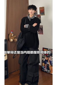 V领宽松休闲简约百搭上衣日系流行学院风条纹假两件卫衣HY713TP48图片