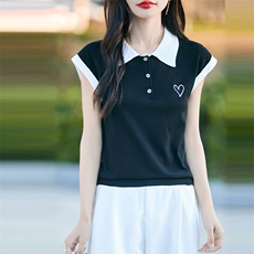 2025夏季翻领冰丝短袖T恤女时尚刺绣拼色薄款POLO领飞袖百搭上衣，女装T恤，思牵羊绒