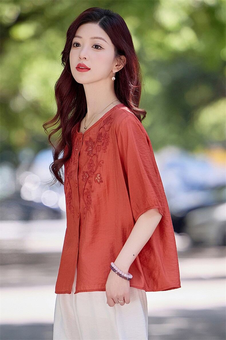 现货！夏季新款2025套装女简约时尚优雅气质天丝麻料刺绣上衣,女装衬衫,涵墨