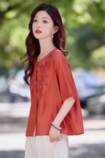 现货！夏季新款2025套装女简约时尚优雅气质天丝麻料刺绣上衣，女装衬衫，涵墨