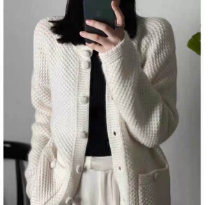 纯色圆领口袋时尚针织35%羊绒开衫百搭休闲显瘦文艺风外套,女装羊绒衫,以美红杉羊绒