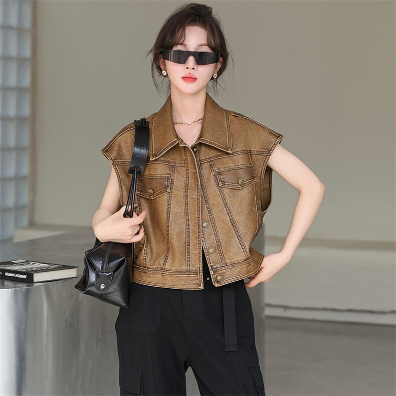 现货短款皮马甲女无袖上衣早秋2024新款韩版显瘦机车夹克马夹坎肩，女装马甲，跑量工厂店