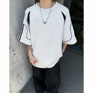 8XL-M 美式小众高级感拼接短袖T恤男夏简约百搭宽松纯棉上衣DX336图片