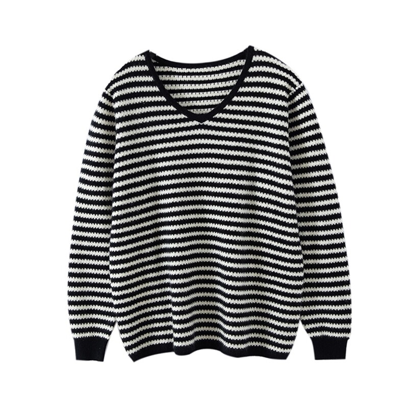 秋冬新款羊绒条纹宽松V领毛衣，女装羊绒衫，恒爱羊绒