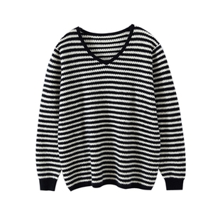 秋冬新款羊绒条纹宽松V领毛衣，女装羊绒衫，恒爱羊绒