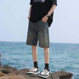 水洗蓝色牛仔短裤男夏季薄款宽松直筒裤子美式复古做旧潮牌五分裤图片