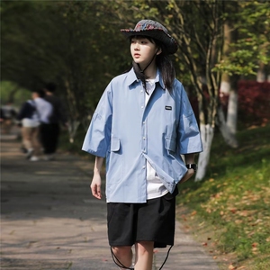 夏季新款衬衫潮流慵懒方领工装衬衫 P32图片