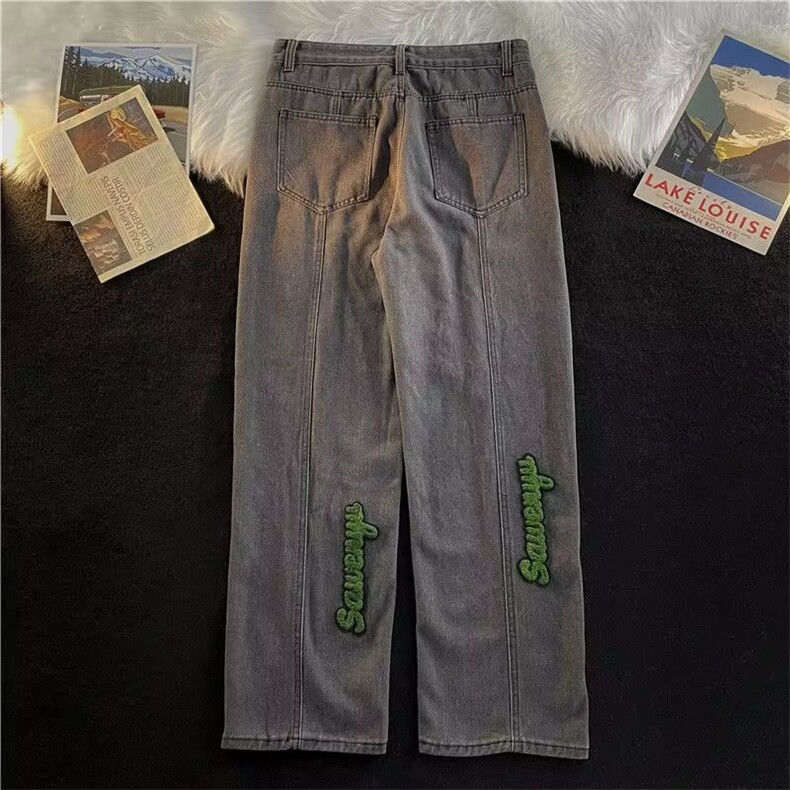 植绒字母阔腿牛仔裤男美式hiphop裤子ins高街潮直筒长裤5098-p48,男装牛仔裤,星座1008-1
