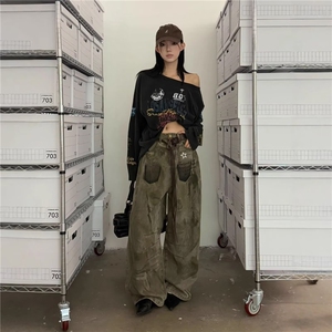 美式高街辣妹做旧脏脏弯刀牛仔裤女2025秋冬新款宽松显瘦阔腿裤子图片
