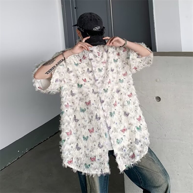 夏季立体流苏蝴蝶半袖衬衫男女痞帅宽松设计衬衣1001-1-CS56-P45,男装T恤,星座1001-1